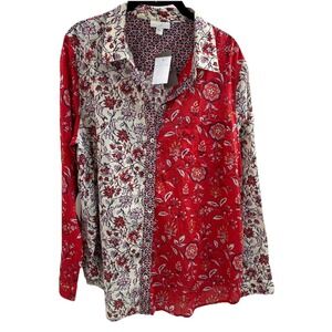 NWT J Jill Floral Patchwork Mixed Print Cotton Button-Up Red Shirt Womens $89